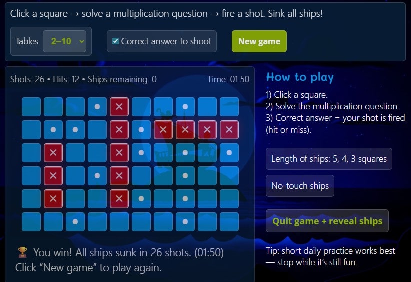multiplication-battleship online game. Multiplication Battle.