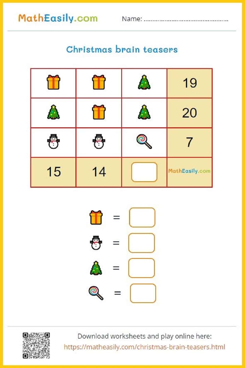 Free printable Math Christmas games PDF.