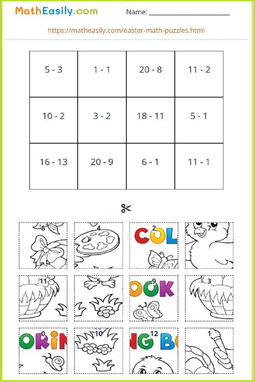 Free subtraction puzzle worksheets PDF. Hidden picture subtraction puzzle printable. 