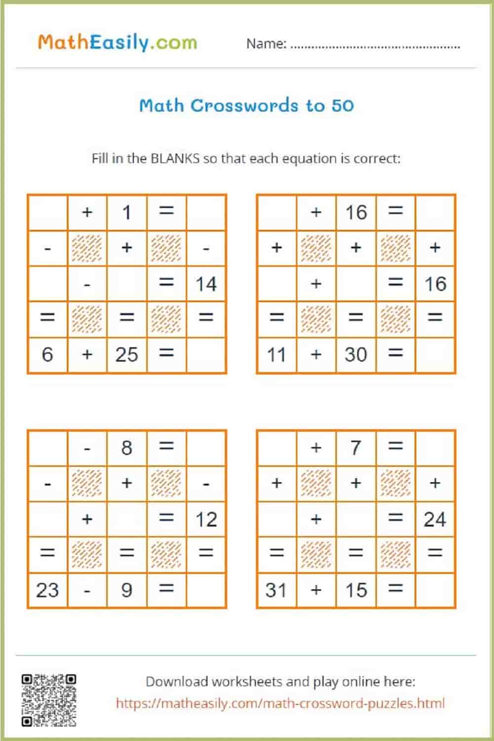 simple math crossword puzzles with answers.