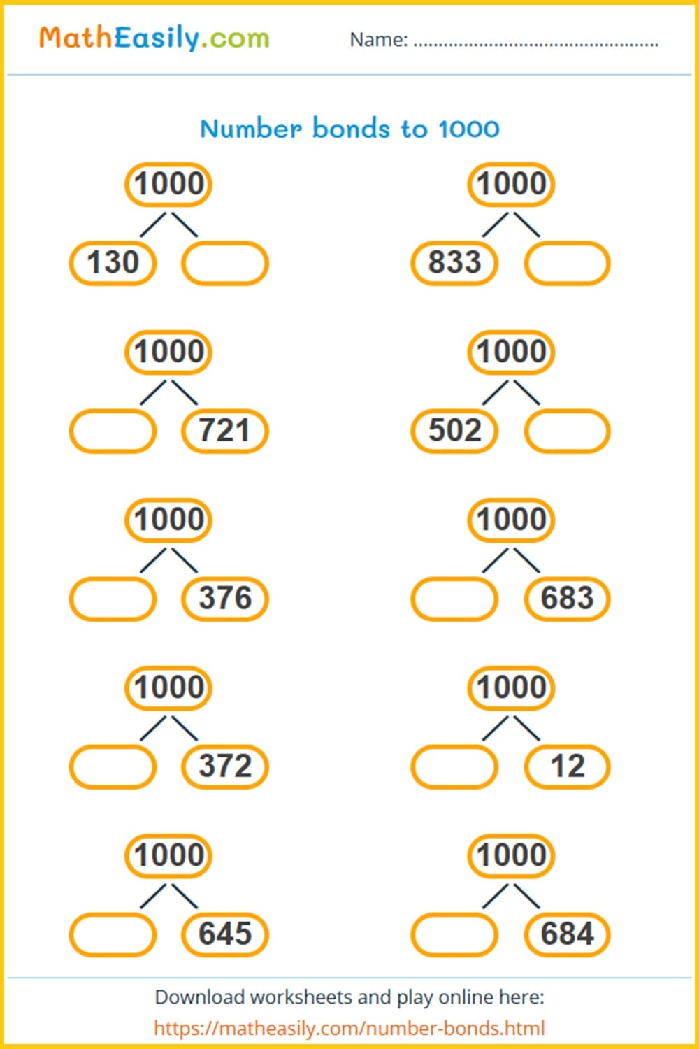 Free Number bonds to 1000 worksheets. number bonds to 100 games printable. Free number bonds worksheets to 1000. 