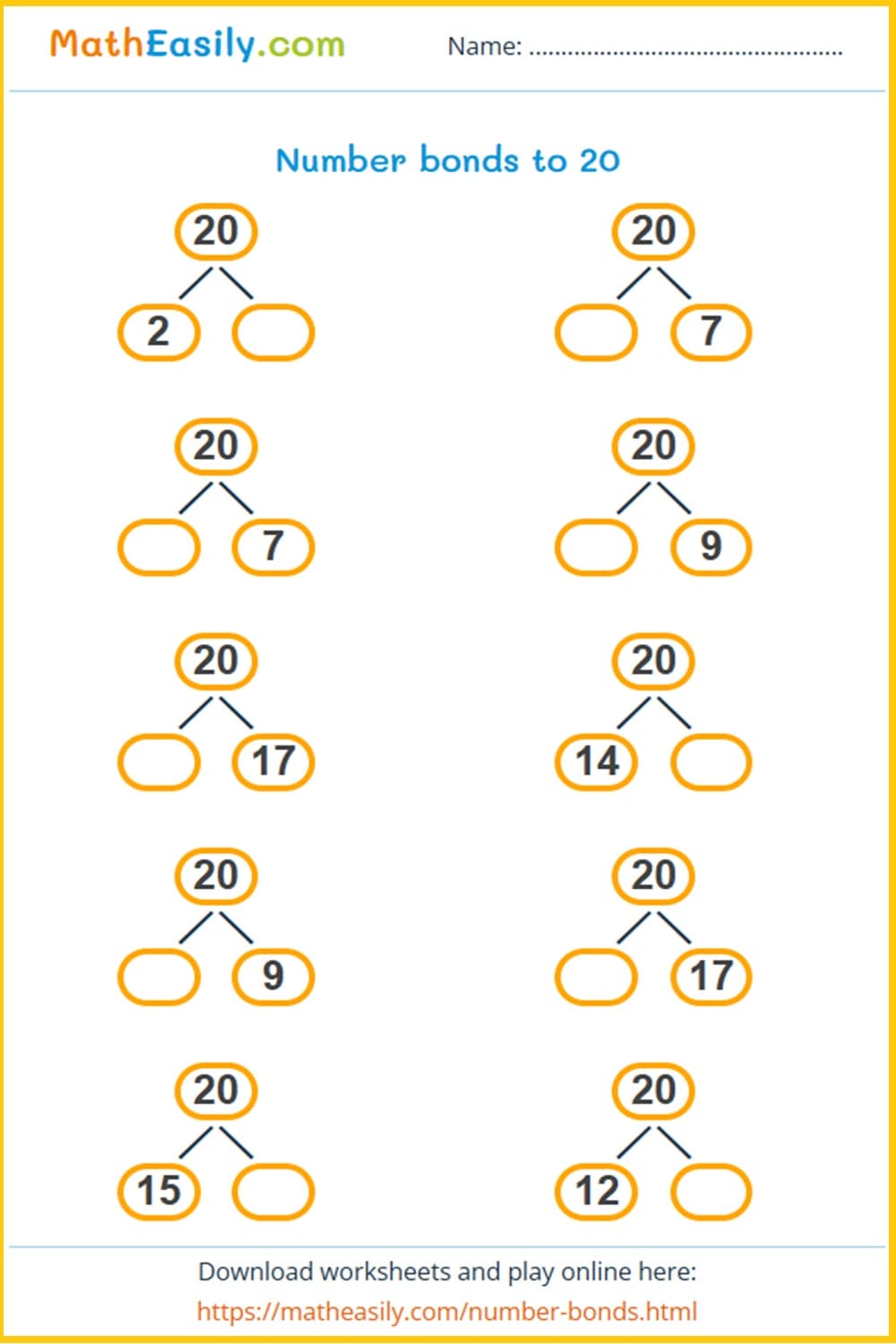 Free Number bonds to 20 worksheets. Free printable number bonds worksheets in PDF. 
 Free number bonds worksheets to 20. number bonds to 20 worksheet. number bonds to 20 games printable.