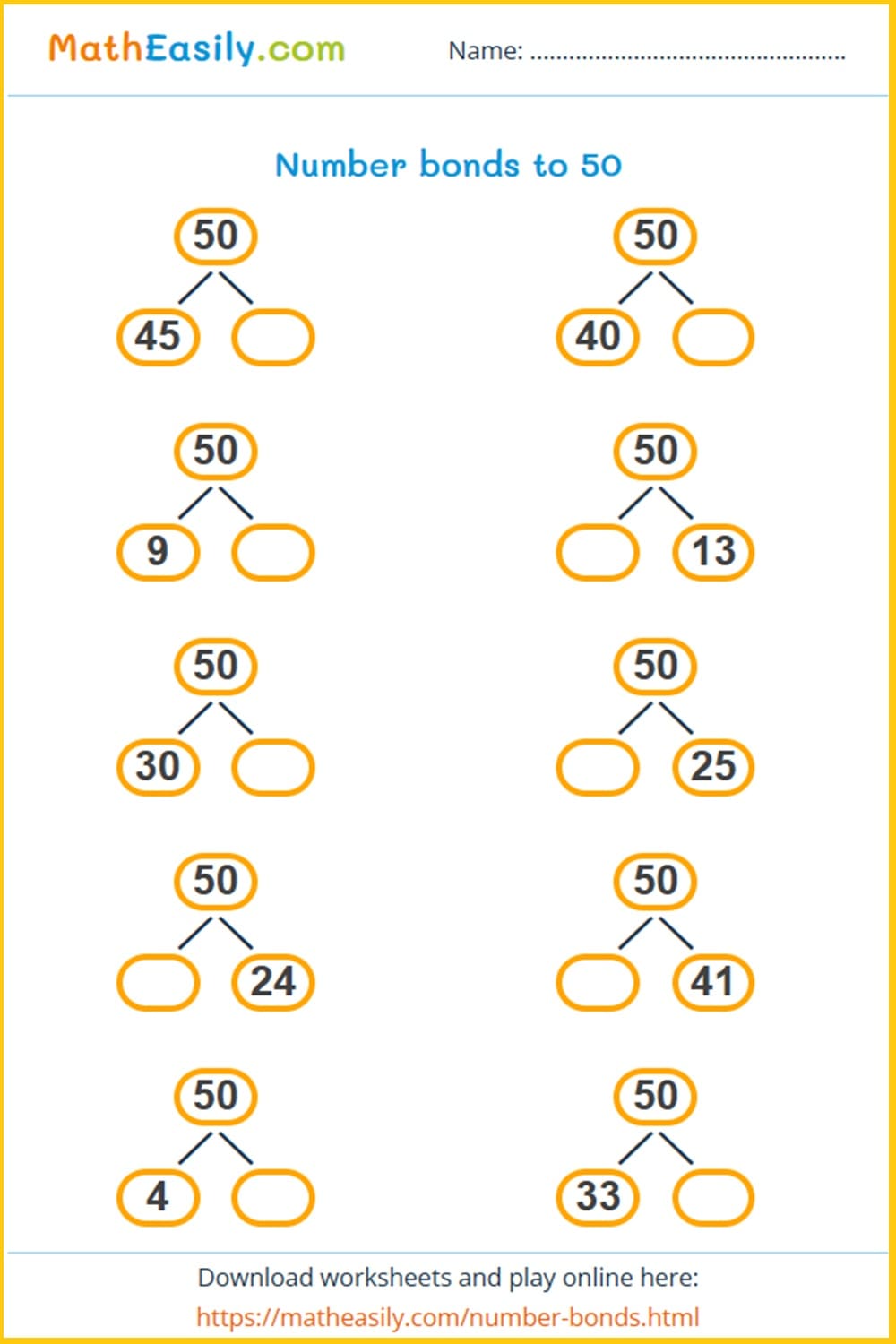 number bonds to 50 game. Free number bonds worksheets PDF. number bond games for kindergarten. 
Free number bond worksheets for grade 1.
