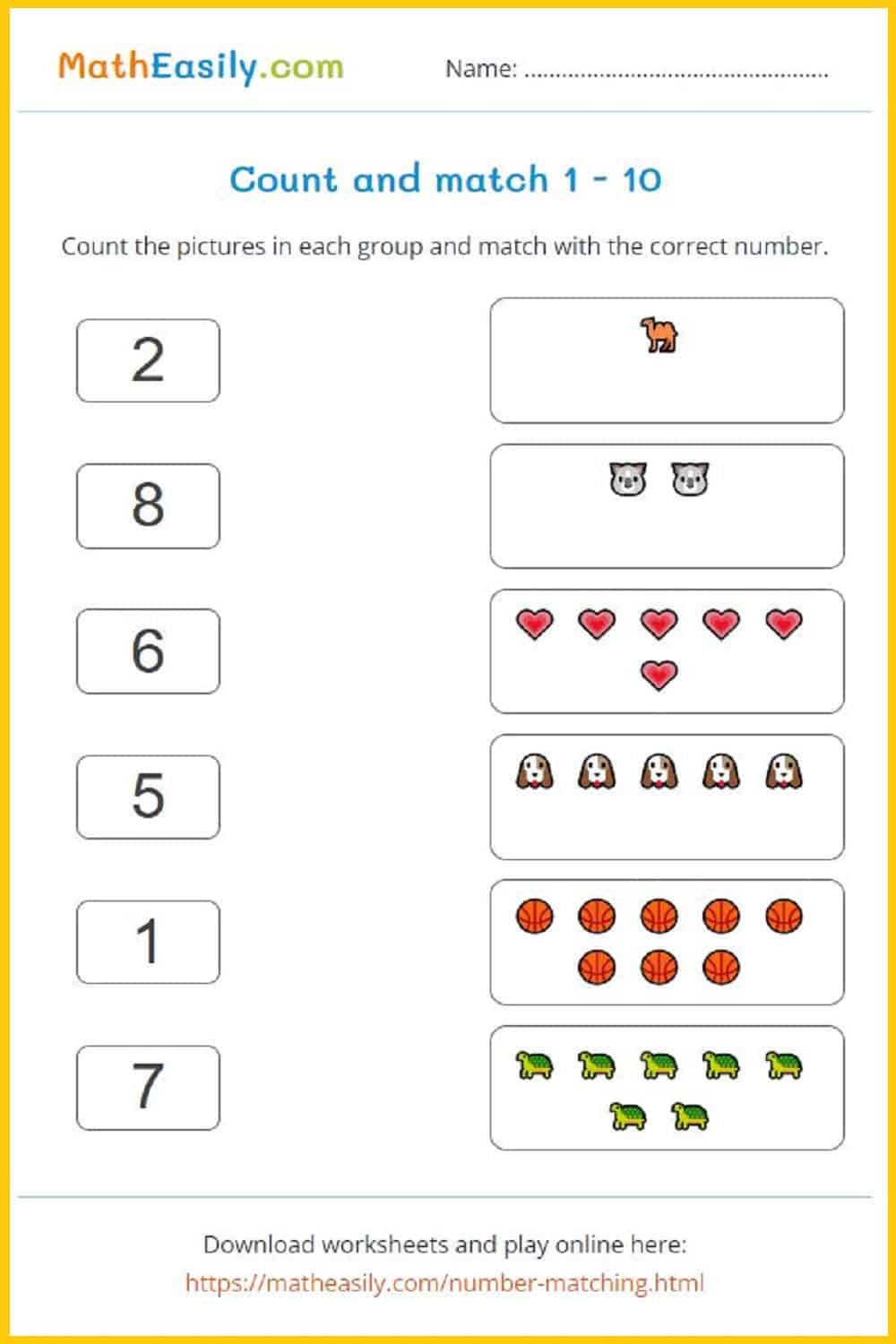 Free printable Number matching worksheets 1 10. Count and match worksheets 1-10. matching numbers worksheets 1-10. Match numbers worksheet for preschool. matching numbers 1 10 worksheets.   matching numbers with objects 1-10 worksheets for preschool pdf.