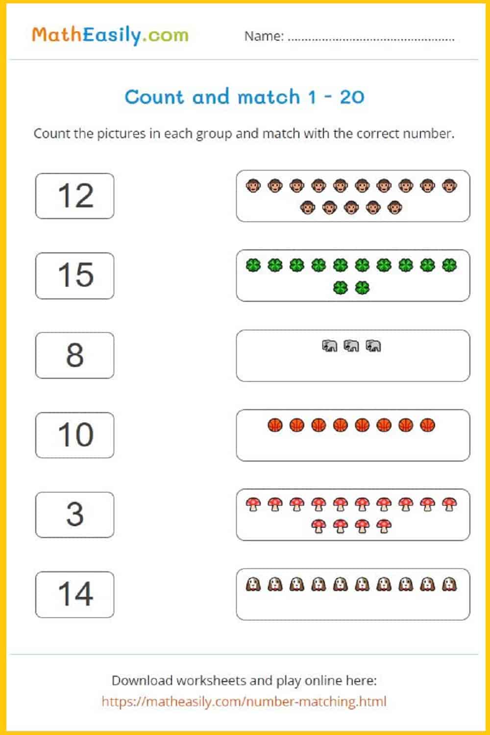 Free printable Number matching worksheets 1 20. Count and match worksheets 1-20. match numbers worksheets for preschool. count and match 1 to 20. matching numbers worksheets 1-20. matching numbers to pictures. number matching games printable.