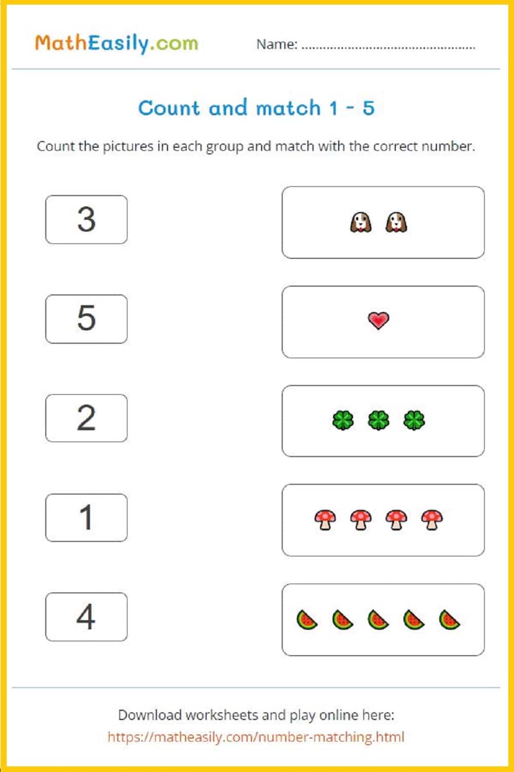 Free printable Number matching worksheets 1 5. Count and match worksheets 1-5. free number matching printables. matching numbers activity. number match printable.