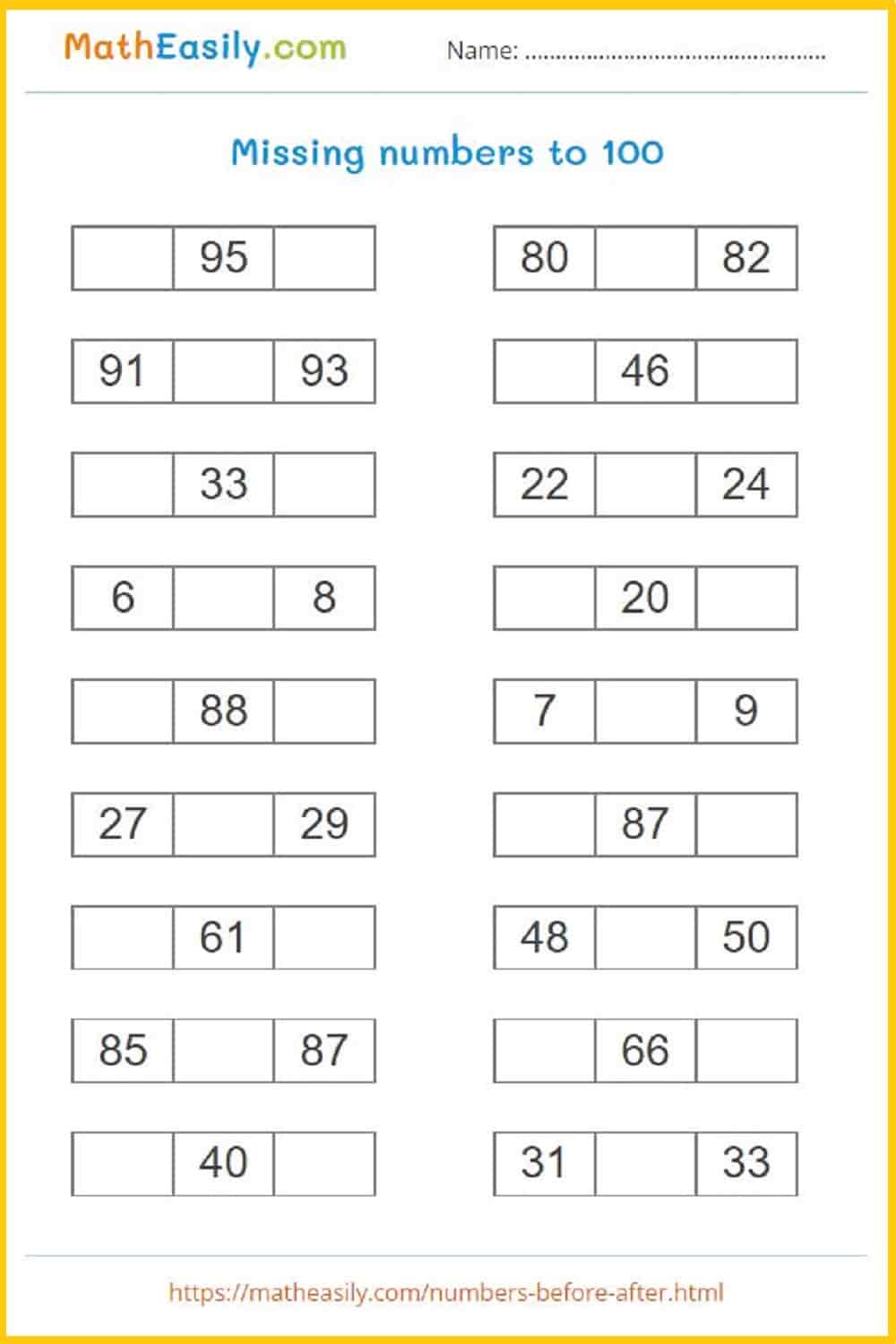 missing number worksheets 1 100. missing numbers for kids. find the missing numbers worksheets for kindergarten in PDF. 
Write the missing numbers 1 100 worksheet. kindergarten missing number worksheets PDF. missing numbers for nursery class.