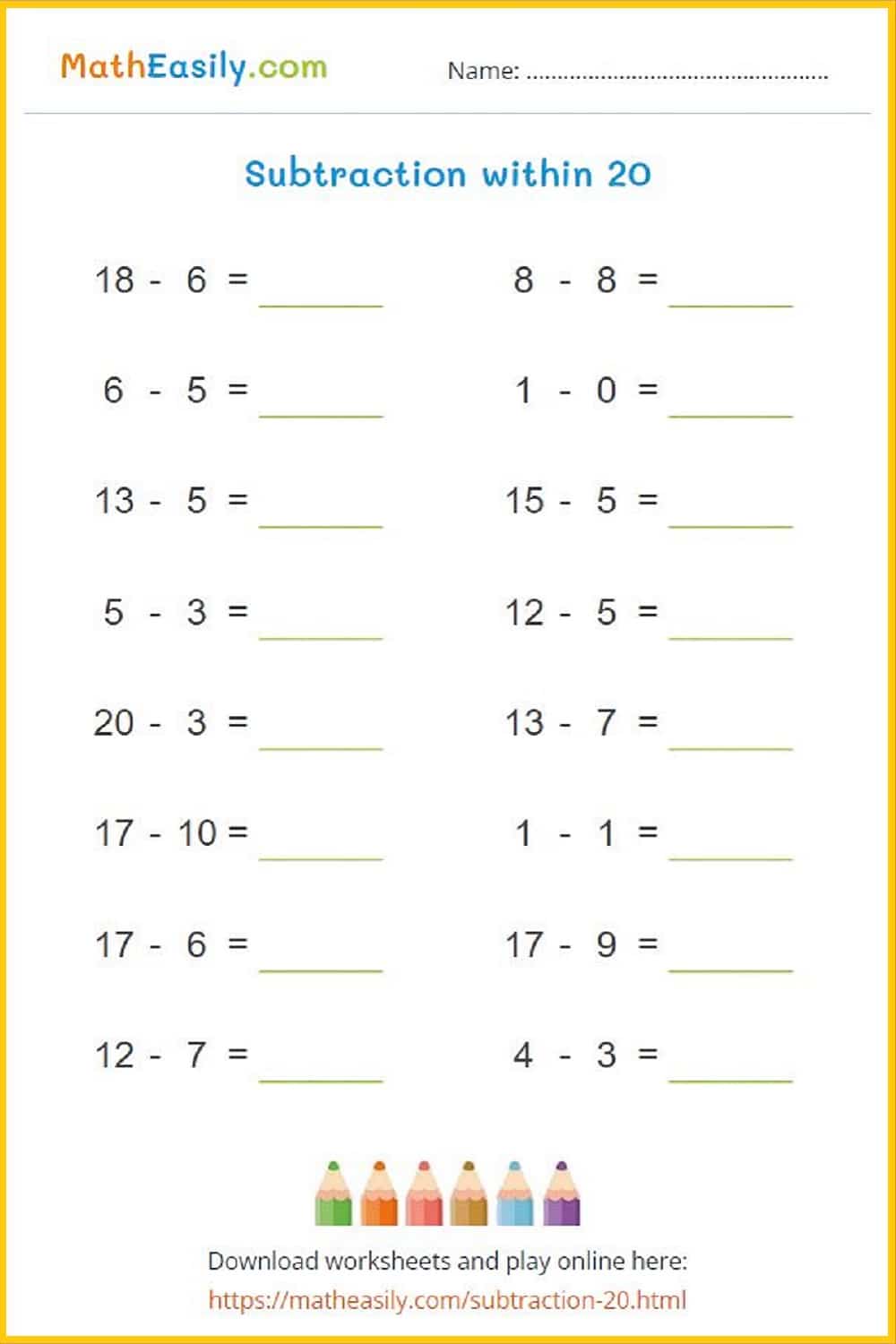 Free Math Worksheets for Kindergarten SUBTRACTION. 
subtraction worksheets for preschool PDF. printable math worksheets for kindergarten subtraction.