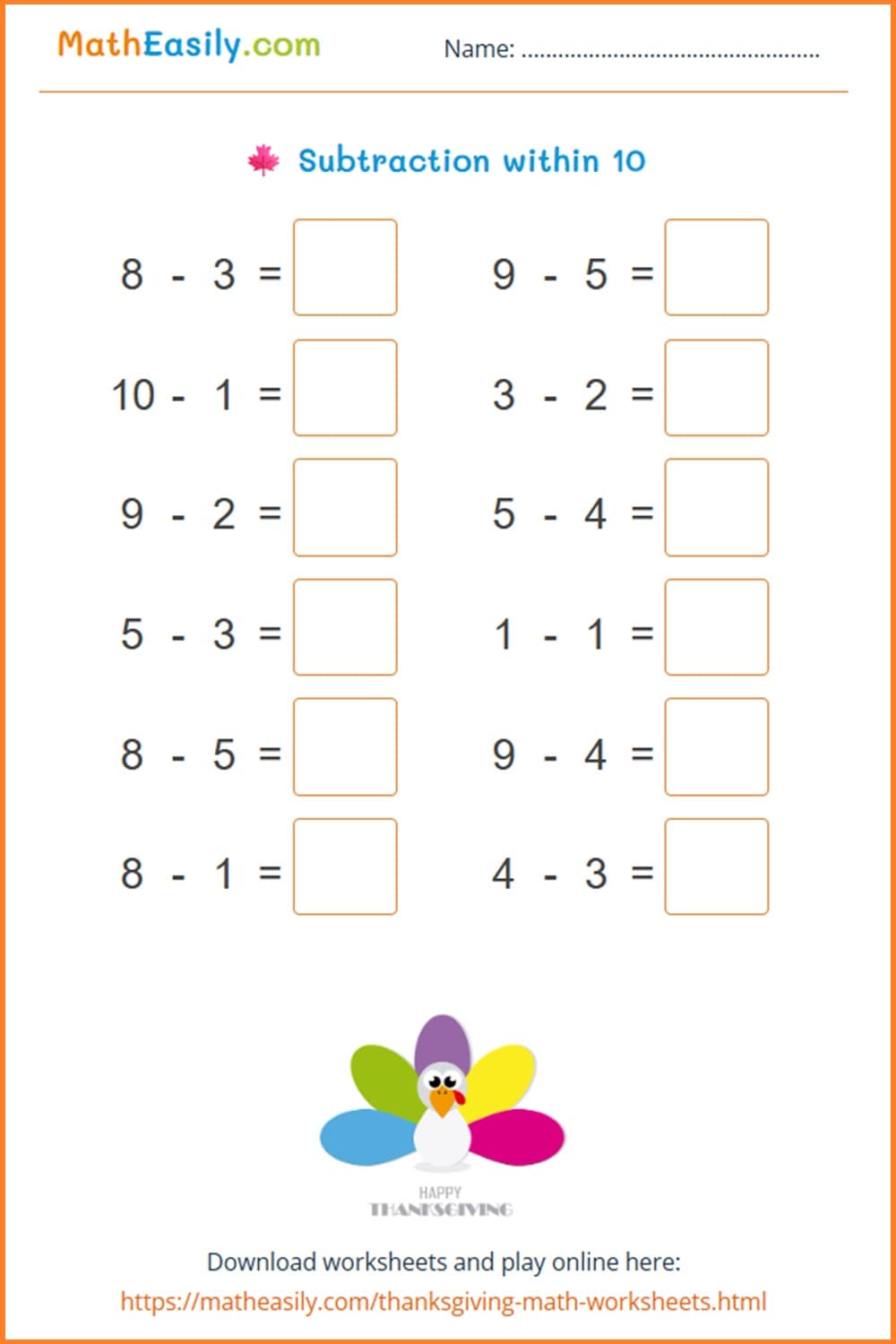 math Thanksgiving worksheets: subtraction.
