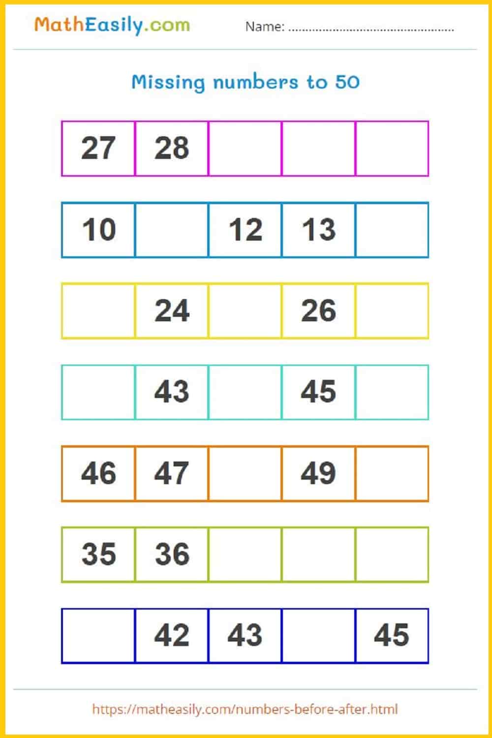 missing numbers 1 to 50. find the missing numbers worksheets for kindergarten in PDF. missing numbers for kids. missing numbers activity for kindergarten. kindergarten missing number worksheets PDF. missing number game. missing numbers for nursery class.